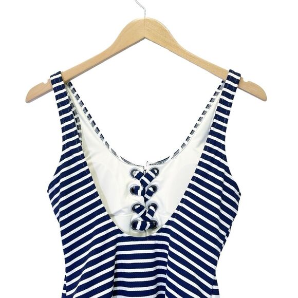 NWT Aerie Lace-Up One Piece Swimsuit Navy & White Stripes Size Small Long NEW - Picture 5 of 12